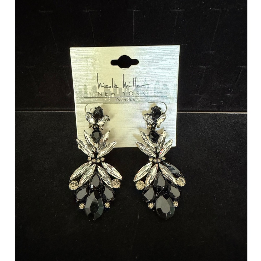 Nicole Miller New York Black Clear Crystal Chandelier Drop Statement Earrings